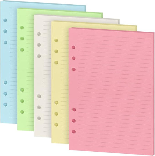 A5 Refills Paper, A5 Binder Planner Loose Leaf Paper, [5 Color] 100 Sheets (200 Pages) 6-Hole Notebook Refills for 6-Ring Refillable A5 Ring Binder Notebook Planner, Lined Paper