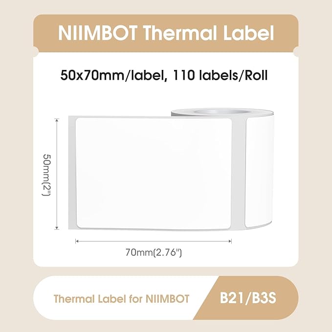 NIIMBOT Labels for B21/B3S Label Printer, Thermal Labels 2'' x 2.76''(50x70mm), Waterproof, Oil-Proof Sticker Labels, 1 Roll of 110 Sticker Labels (White)