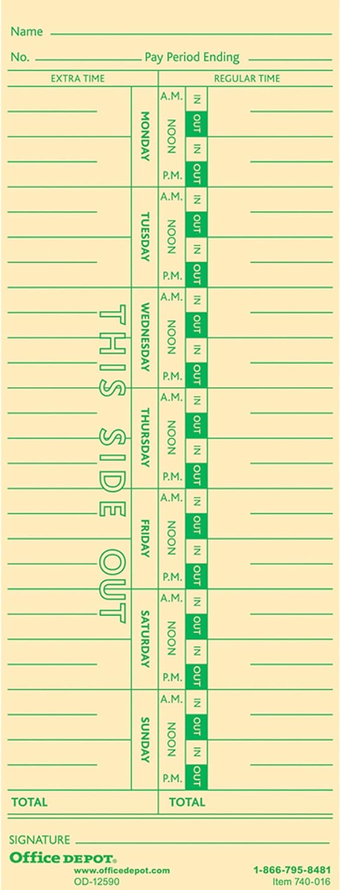 Office Depot Time Cards, Weekly, Monday-Sunday Format, 1-Sided, 3 3/8in. x 8 7/8in., Manila, Pack Of 100, GB-740016