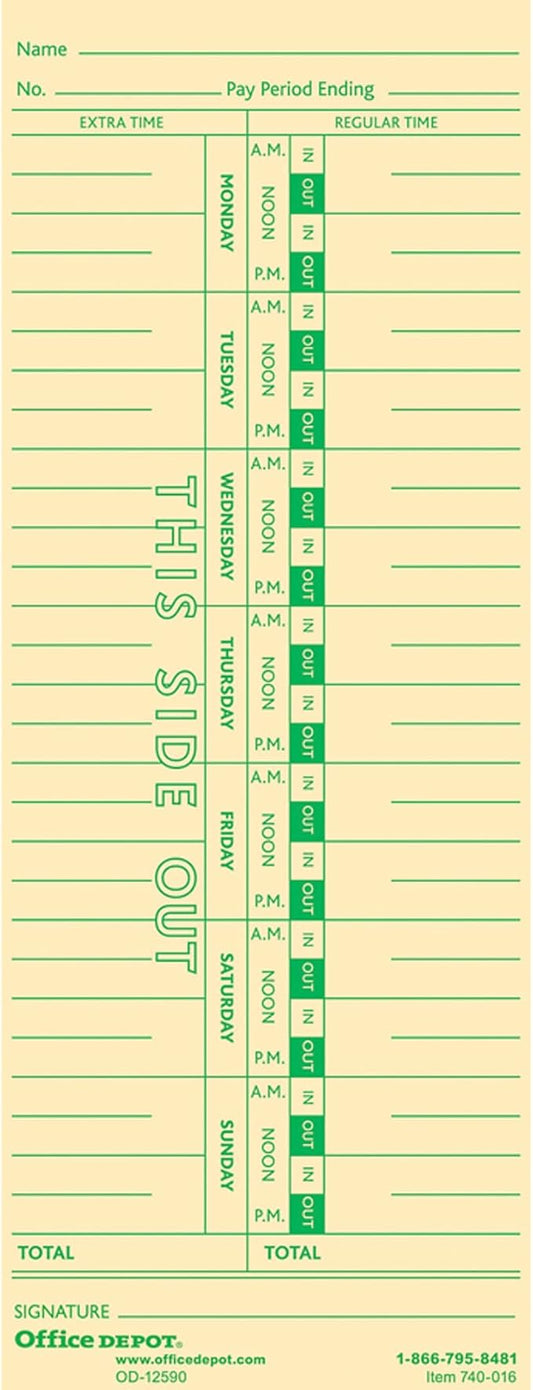 Office Depot Time Cards, Weekly, Monday-Sunday Format, 1-Sided, 3 3/8in. x 8 7/8in., Manila, Pack Of 100, GB-740016