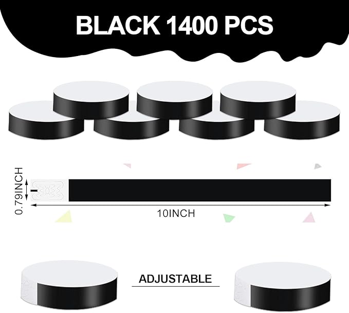 REHALY 1400 Pcs Wristbands for Events Paper Wristbands Waterproof Paper Bracelets Neon Wrist Bands Colored Wristbands Adhesive Hand Bands Armbands for Concerts(Black)