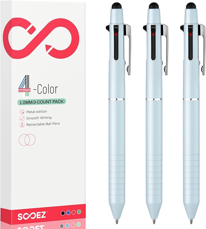 Sooez Multicolor Pen in One, Sleek Metallic 4 Color Ballpoint Pens, Medium Point (1.0mm), Retractable Ball Pen with Stylus Tip, Journaling Planner Pens for Nursing School Office Supplies, 3 Pack, Blue