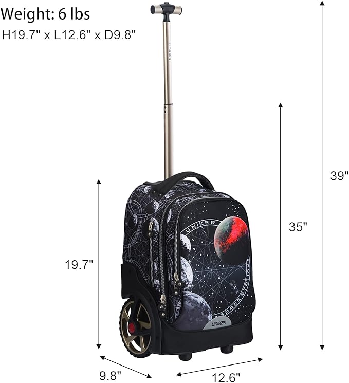 UNIKER Rolling Backpack without Straps for Boys, Roller Travel Bag,Wheeled Bookbag High School,Trolley Middle School Bag for Teens,Schoolbag with Wheels