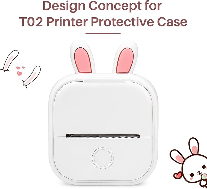 Memoking T02 Protective Case-Bunny Ears Shape Soft Silicone BPA-Free Cute Design Printer Cover, Compatible with T02 Mini Bluetooth Wireless Portable Mobile Pocket Printer, White