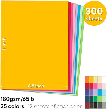 300 Sheets Colored Cardstock 8.5 x 11, Goefun 25 Colors Colored Printer Paper 65lb Construction Paper Assorted Colors for Crafts & Scrapbooking