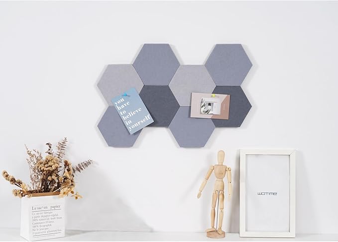LAJAR 8 Pcs Hexagon Felt Bulletin Board Tiles, Self Adhesive Felt Pin Board Wall Tiles for Photos, Pictures, Memos (Light Gray)
