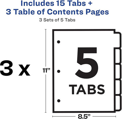Avery 5 Tab Dividers for 3 Ring Binders, Customizable Table of Contents, Multicolor Tabs, 3 Sets (11070)