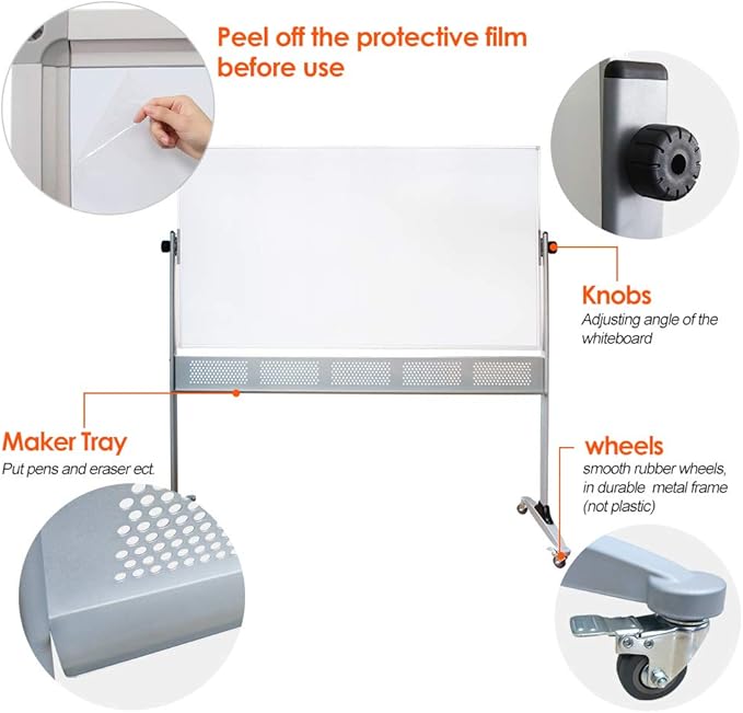 Xiwode Movable Double-Sided Magnetic Whiteboard with Wheels, Upgraded Durable Type of Mesh Bracket, Whiteboard Dimension 60×36,Can be Flipped, Written and Display, Suitable for Office and Classroom