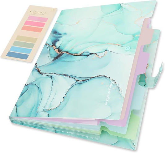 Ddaowanx Expanding File Folder, Letter A4 Size Accordion Plastic File Organizer, 5 Pocket Folders for Documents, Aesthetic Folder with Labels, Paper Organizer for School Office (Green Marble)