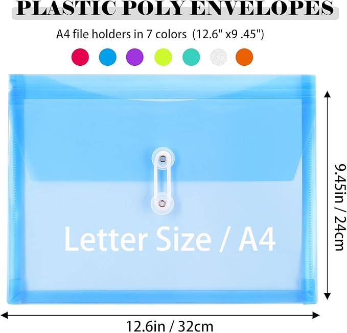 A4 Letter Size Plastic Poly Envelopes with Button and String Tie Closure, 1-1/4" Expansion Clear File Folders Side Loading Documents Organizer for Home School and Office Supplies (28)