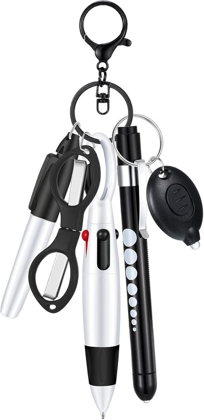 6 Pcs Nurse Pen Set Include Permanent Marker Pen Retractable Ballpoint Pen Keychain Clip Foldable Scissors Lights LED Flashlight Keychain for Nurse Accessories(Black)