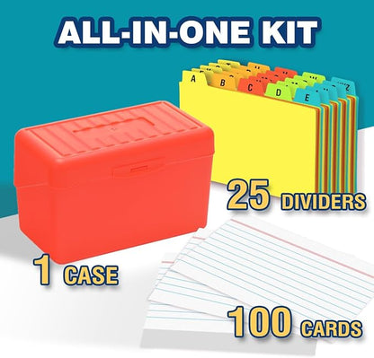 H4D 3x5 Index Card Holder with 100 Heavyweight Ruled Index Cards and 25 Plastic Dividers, Red