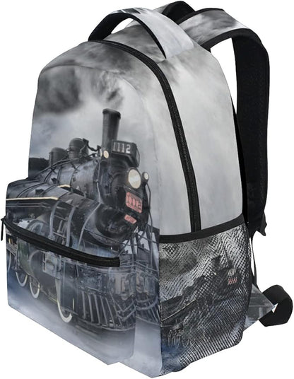 AUUXVA Vintage Locomotive Train School Backpack for Girls Boys Kids Laptop Backpack Travel Camping Daypack