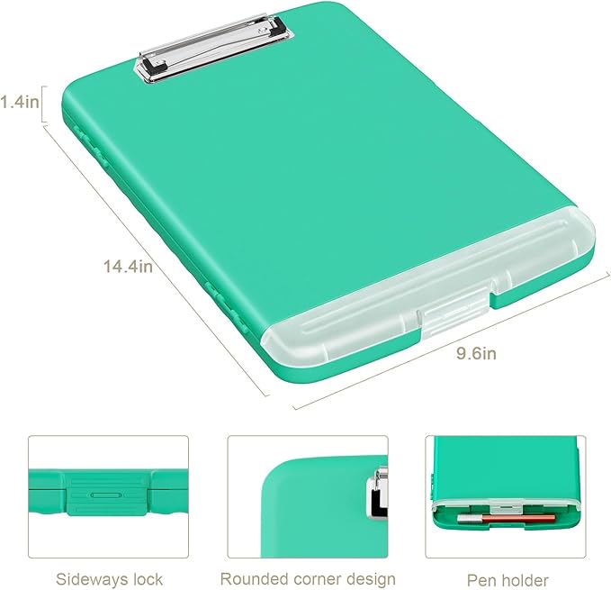 Piasoenc Clipboard with Storage, 8.5 x 11 Organization Box with Pen Holder and A4 Legal Paper Folder, Heavy Duty Plastic, Folio & Side-Opening, Low Profile Clip for Nurses, Teachers, Green