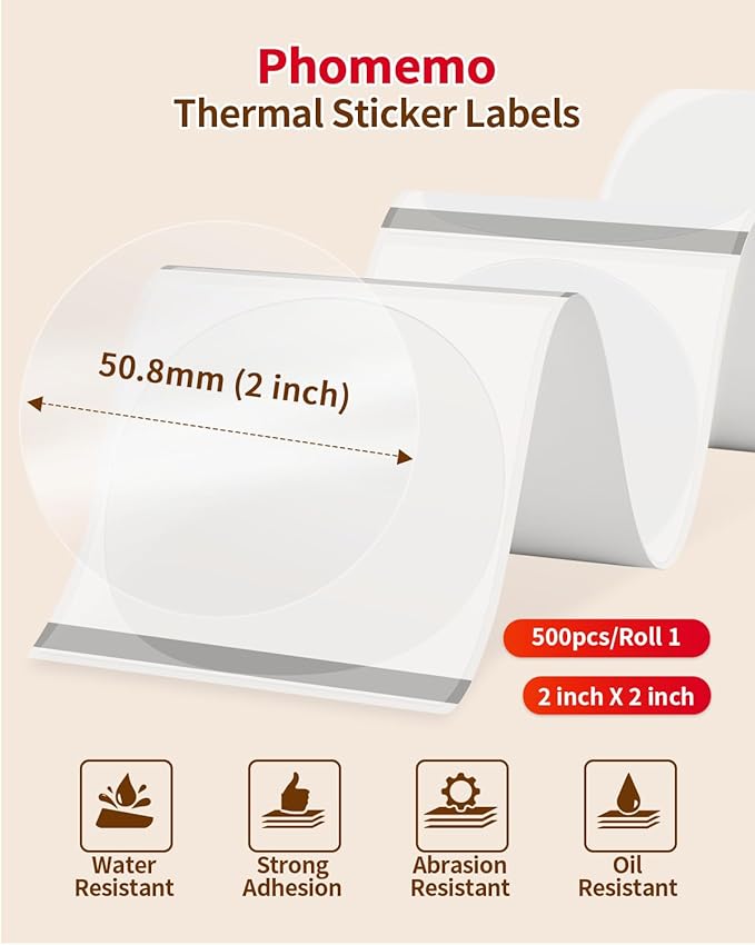 Phomemo 2” Circle Thermal Label, Self-Adhesive Round Sticker Labels, Circular Direct Thermal Printer Labels for Phomemo 241bt, D520BT, 344WF Label Printer, 500 Labels/Roll, Transparent