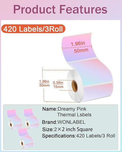 2inch Square Thermal Labels Self-Adhesive, 420 Labels/3 Roll Printer Labels for Business and Home, Thermal Sticker for/Shipping/Packaging/DIY Logo Design/Thanks Card/Inventory