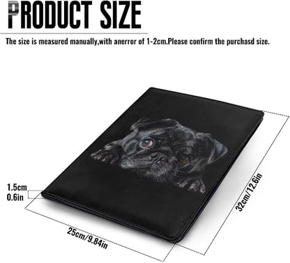 Office Folder Black Pug Dog Print PU Leather Padfolio with A4 Size Clipboard Clip for Business Resume Interview Document Sleeve Binder Folder for Men/Women