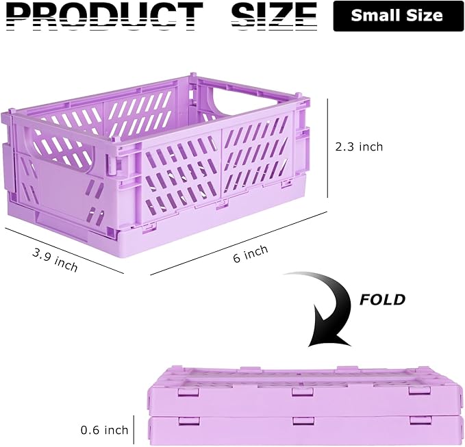 Tixill 2-Pack Mini Foldable Plastic Baskets for Organizing and Storage, Collapsible Storage Crate for Home Kitchen Bedroom Bathroom Office (5.9x3.8x2.2, Purple)
