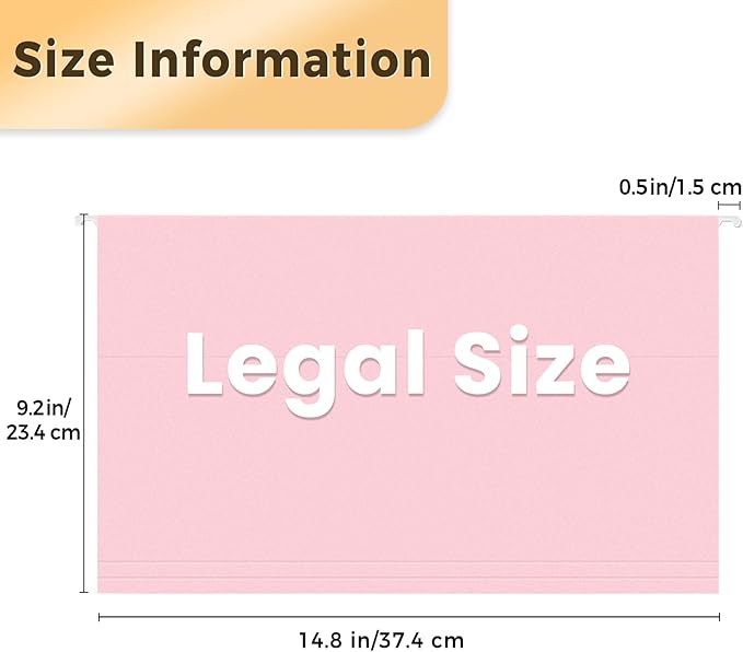 SUNEE Hanging File Folders Legal Size, Pink File Folders 25 Pack 1/5-Cut Tabs, Stay Organized for Your Home and Office Bulk File and Documents