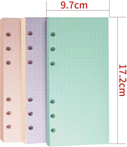 A6 Refills Paper, 3 Pack 40 Sheets A6 Colorful Grid Binder Paper, 3 Pcs Binder Pockets, 1 Page Marker - 6 Hole Notebook Inserts for 6 Ring Refillable A6 Binder Notebook Planner