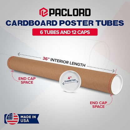 4" x 36" Reinforced Kraft Paper Mailing Tubes, Pack of 6 Tubes with 2 Caps Each – USPS Approved Poster Tube – Made in USA Cardboard Tube for Shipping and Storing Posters, Prints, Artwork, or Documents