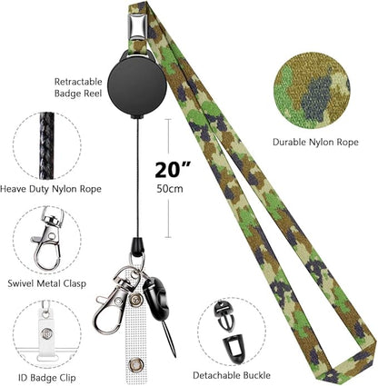 6 Pack Retractable Badge Lanyards and ID Badge Holder, Strap Lanyard with Swivel Metal Clasp for Badge Holders, Keychains, Offices, Staff, Students, Employees, Camouflage