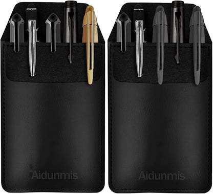 Pen Pocket Protector, 2 Pieces PU Leather Pocket Pen Holder Organizer Pouch for Shirts Lab Coats Pants Pen Sleeve - Multi-Purpose Pen Pocket Holds Pens Pointers Pencils and Notes Card - Black