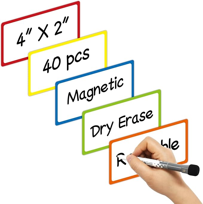 Colored Border Magnetic Dry Erase Labels 4x2 Inch, Reusable Dry Erase Magnet Labels for whiteboard，Pack of 40