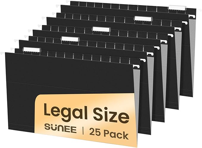 SUNEE Hanging File Folders Legal Size, Black File Folders 25 Pack 1/5-Cut Tabs, Stay Organized for Your Home and Office Bulk File and Documents