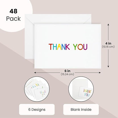 Juvale 48 Pack 4x6-inch Bulk Thank You Cards with Envelopes - Appreciation Gift Note for Teachers and Kids (6 Assorted Designs)