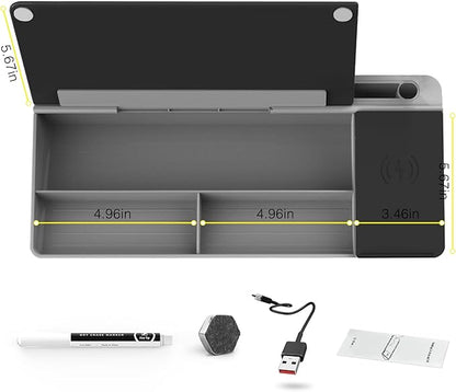TOWON Black Desk Dry Erase Board with Charger Pad, Small Glass Desktop Whiteboard, Desktop whiteboard - Glass Dry Erase White Board- Desk Computer Buddy for Home Office Supply, 17 x 6 in
