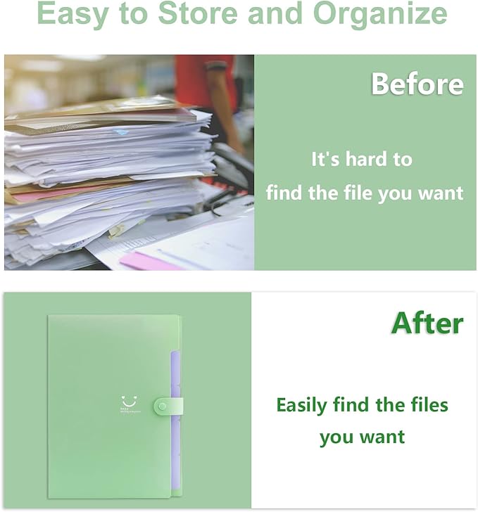 Forvencer Accordion File Organizer, Letter Size, 5 Pocket Expanding File Folder, Cute File Folder with Labels, Portable File Organizer for School Office Supplies, Folders for Documents, Green