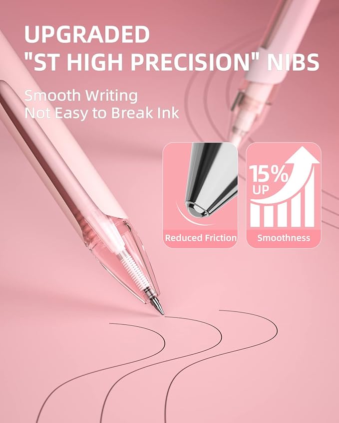 Nicpro 13Pack Pastel Gel Ink Pen Set with Case, Cute Retractable 0.5mm Fine Point Pen, 12 Pink Pens Black Ink with 1 Highlighter, Aesthetic Pens for Student Note Taking,Writing,Office Supplies (Pink)