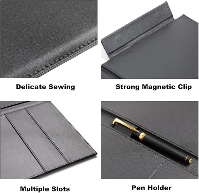 Office Clipboard Padfolio Binder 19" X 13"- A4 Foldable File Clip Portfolio Folder Document Organizer Writing Pad Business Card Holder - Magnetic PU Leather Conference Desk Pad with Pen Holder