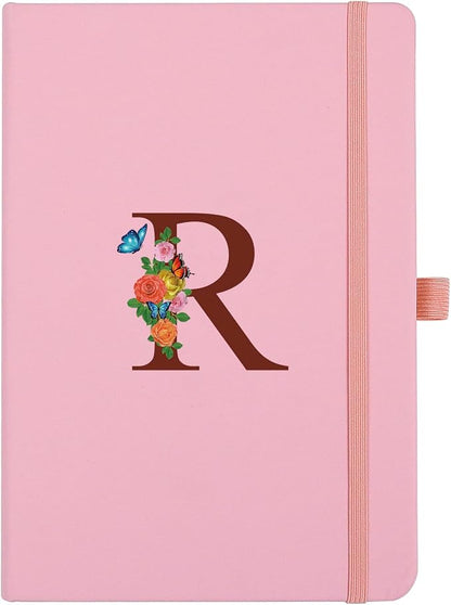 Pink Notebook for Women, 5.7"X8.3" A5 Journal Notebook with Letter R, Dual-Sided Writing Notebook with Dividers, Cute Leather Journal for Work, Business, School, Meetings, Travelers, Small Notebook