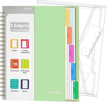 Spiral Notebook - 5 Subject Notebook, College Ruled Notebook With Dividers Pocket, Tabs Label, Ruler, 300 Pages, for Writing Journal, Home & Office, School Supplies, 8.5''x11'' Lime