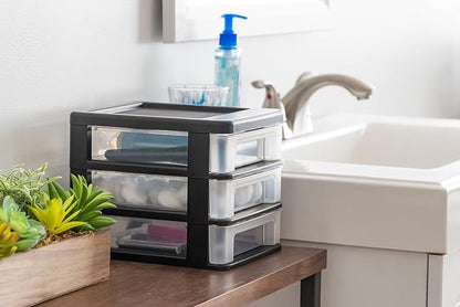 IRIS USA Plastic Stacking Desk Top 3-Drawer Storage Organizer, 2-Pack, for Makeup Vanity Nail Polish Bathroom Stationery Art Craft Supplies Kitchen Office Garage and Small Organization, Small, Black