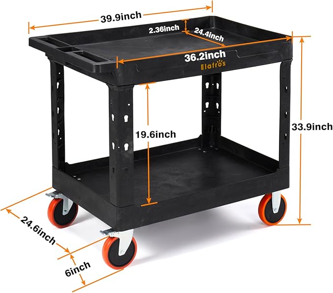 ELAFROS Extra Large Heavy Duty Utility Cart 39.9 x 24.6 Inch - Work Cart Big 2-Tier Plastic Rolling Service Cart with Deep Shelves, 6 Inch Casters, 550 lbs Capacity, Black