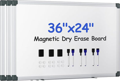 VUSIGN 3PCS Magnetic White Board Kit for Wall 36" x 24", 3 Dry Eraser & 6 Multicolor Markers & 12 Magnetic Pins, Sliver Reinforced Aluminum Frame for Home, School, Office