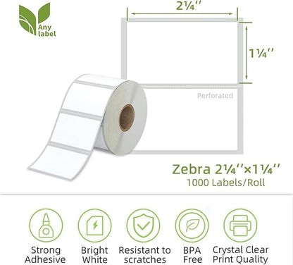 2.25" x 1.25" Direct Thermal Labels, White Thermal Printer Labels for Barcode, Thermal Stickers Compatible with Zebra, Rollo, Munbyn Thermal Labels Printers (12 Rolls, 1000 Labels/Roll)
