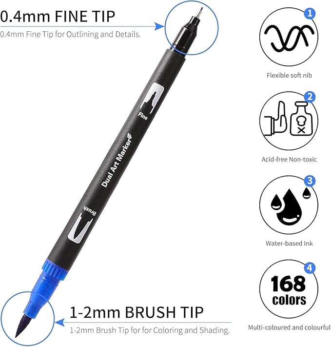 Double Brush Marker Pens, 168 Colors Art Markers Set with Fine Tip and Brush Tip for Kids Adult Coloring Book Hand Lettering Calligraphy Drawing Art Supplies Kit