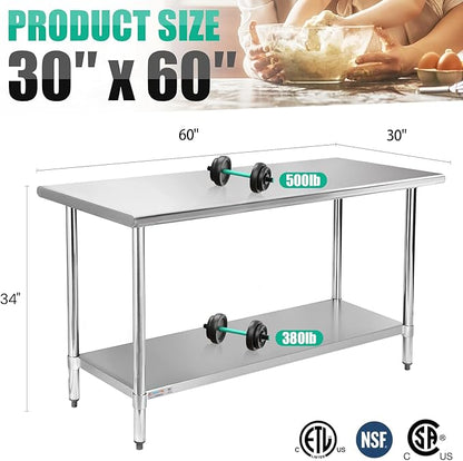 STABLEINK NSF Stainless Steel Table, 30 x 60 Inches Metal Prep & Work Table with Adjustable Undershelf, for Commercial Kitchen, Restaurant, Hotel and Garage