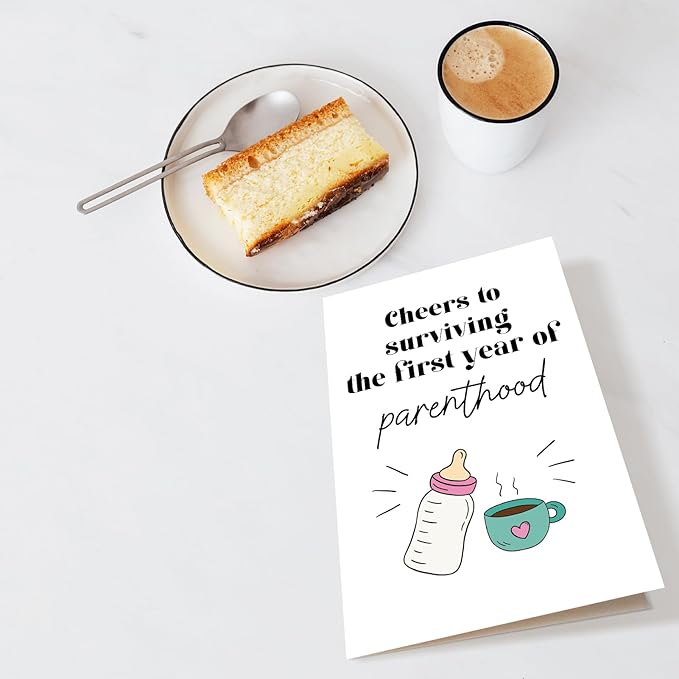 Funny Baby First Birthday Card for New Parents, Baby's 1st Birthday Card for First Time Parents, One Year Parenthood Card, New Parents Gifts, Cheers to Surviving the First Year of Parenthood Card