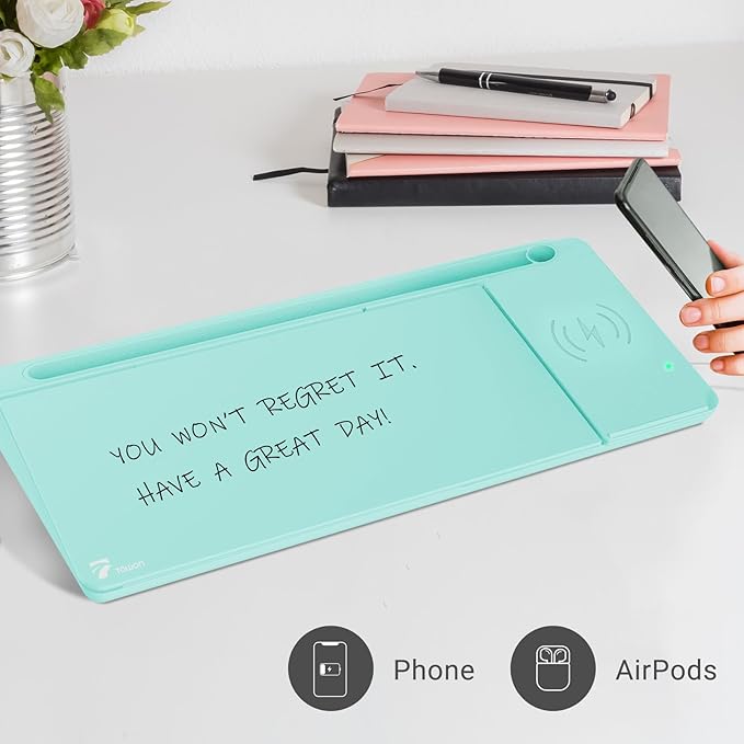 TOWON Desktop Glass Whiteboard with Charger Pad, Whiteboard for Desk with Charging Station, Desk Buddy Dry Erase with Charger for Home Office, Dry Erase Computer Desk Notepad, Teal Blue, 17 x 6 in