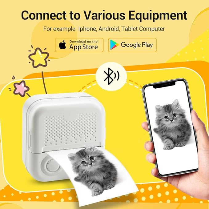 Sticker Printer,Thermal Printer Label Maker with 3 rolls Paper, Portable Mini Wireless Bluetooth Inkless Printer, Recharge Pocket Sticker Maker,Small Printer for Photo,Scrapbook Supplies, White