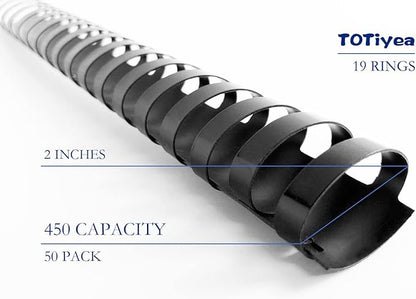 TOTiyea 50 Pack 19 Ring Plastic Binding Combs, 2 Inch Diameter, 450 Sheet Capacity, Letter Size, Black Comb Binding Spines