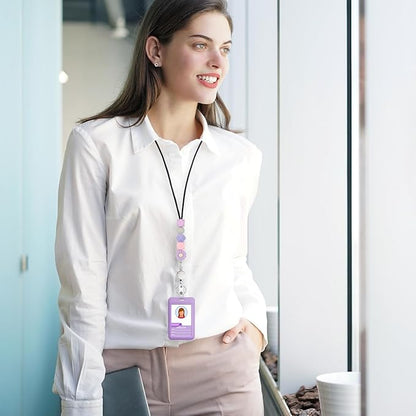 Colorful ID Badge Holder with Silicone Beads Lanyard Set,Cute Teacher Breakaway Lanyard for Keys & Keychain with Cute Retractable Badge Reel Holder,Gift for Women,Nurse, Teacher. (Purple Daisy 1)