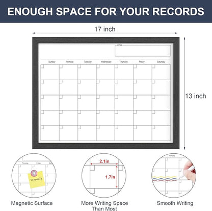 Dry Erase Calendar for Wall, 17x13 Inches Calendar Whiteboard for Wall, Small Magnetic White Board with Wood Frame, Hanging Dry Erase Board for Wall Planner Office Kitchen Home Memo