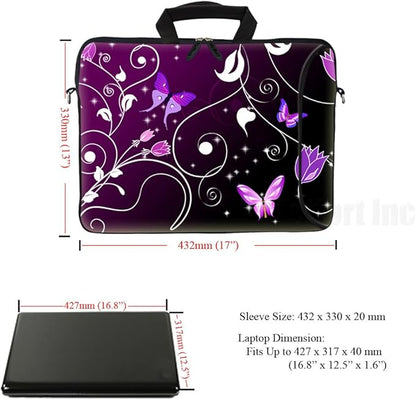 Meffort Inc® 17 17.3 Inch Laptop Carrying Sleeve Bag Case with Extra Side Pocket, Soft Carrying Handle and Removable Shoulder Strap/Notebook Bag Case - Purple Swirl Butterfly Flower