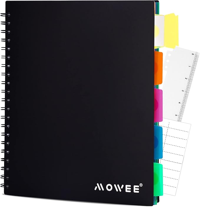 Spiral Notebook - 5 Subject Notebook, College Ruled Notebook With Dividers Pocket, Tabs Label, 11" Ruler, 200 Pages, for Writing Journal, Home & Office, School Supplies, 8.5''x11''Black